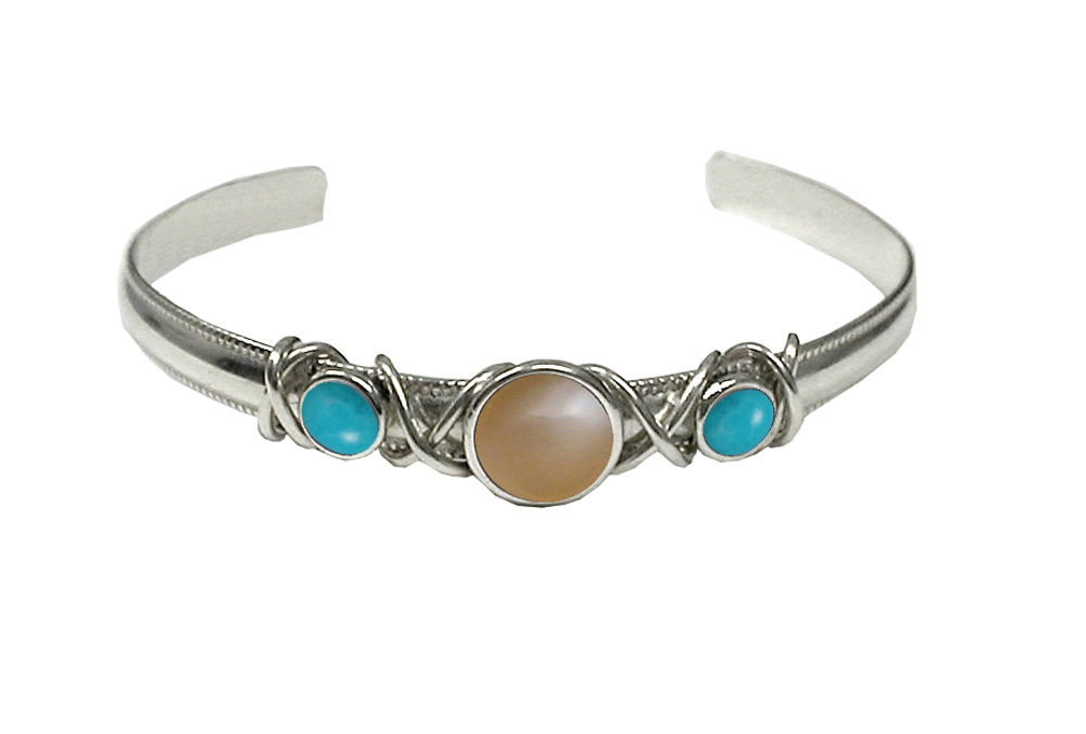 Sterling Silver Hand Made Cuff Bracelet With Peach Moonstone And Turquoise